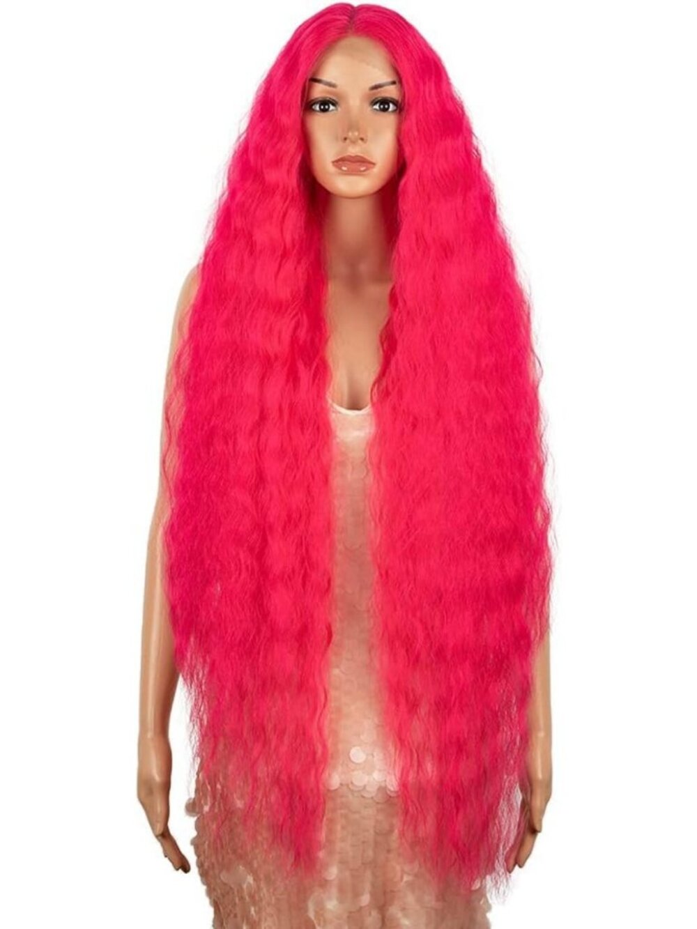 Long Wavy Lace Front Synthetic Wig with Baby Hair, 41" Pink, 130% Density